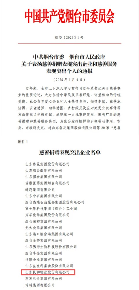 民和股份获评烟台市“慈善捐赠表现突出企业”